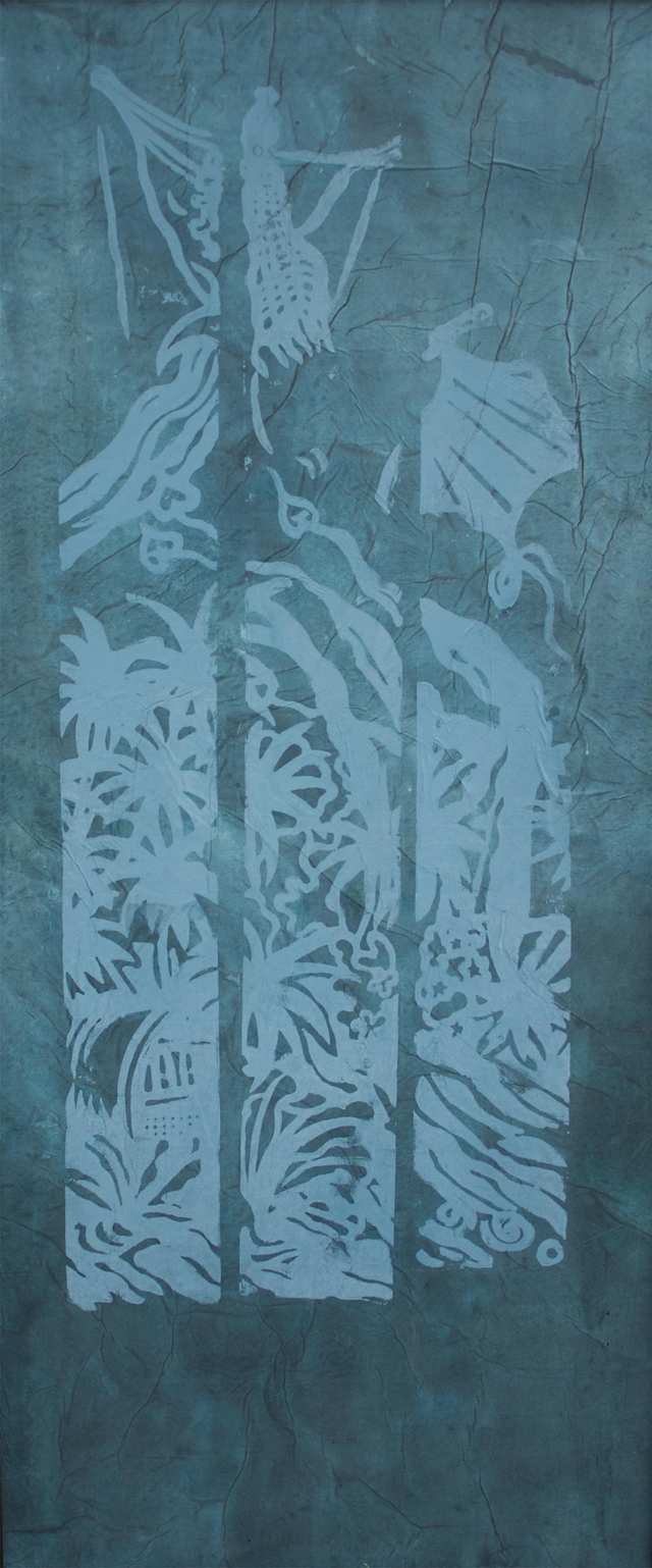 Layang-Layang Blue, woodblock monoprint on rice paper and canvas
