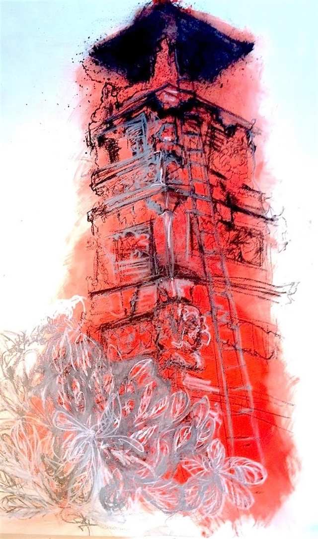 Tower Yeh Sanur, acrylic pastel charcoal on paper