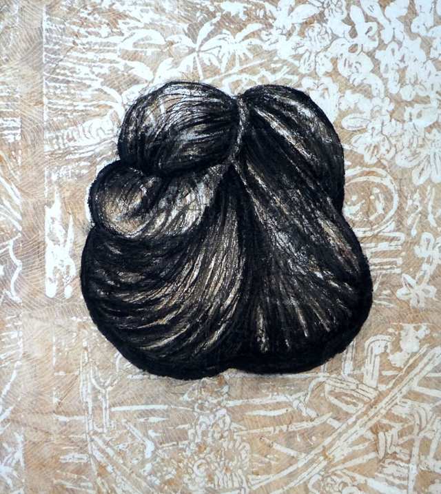 Konde 2, charcoal acrylic collage on canvas