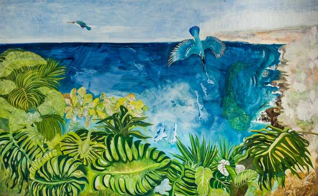 Kingfisher Blue Bukit, acrylic woodblock on canvas