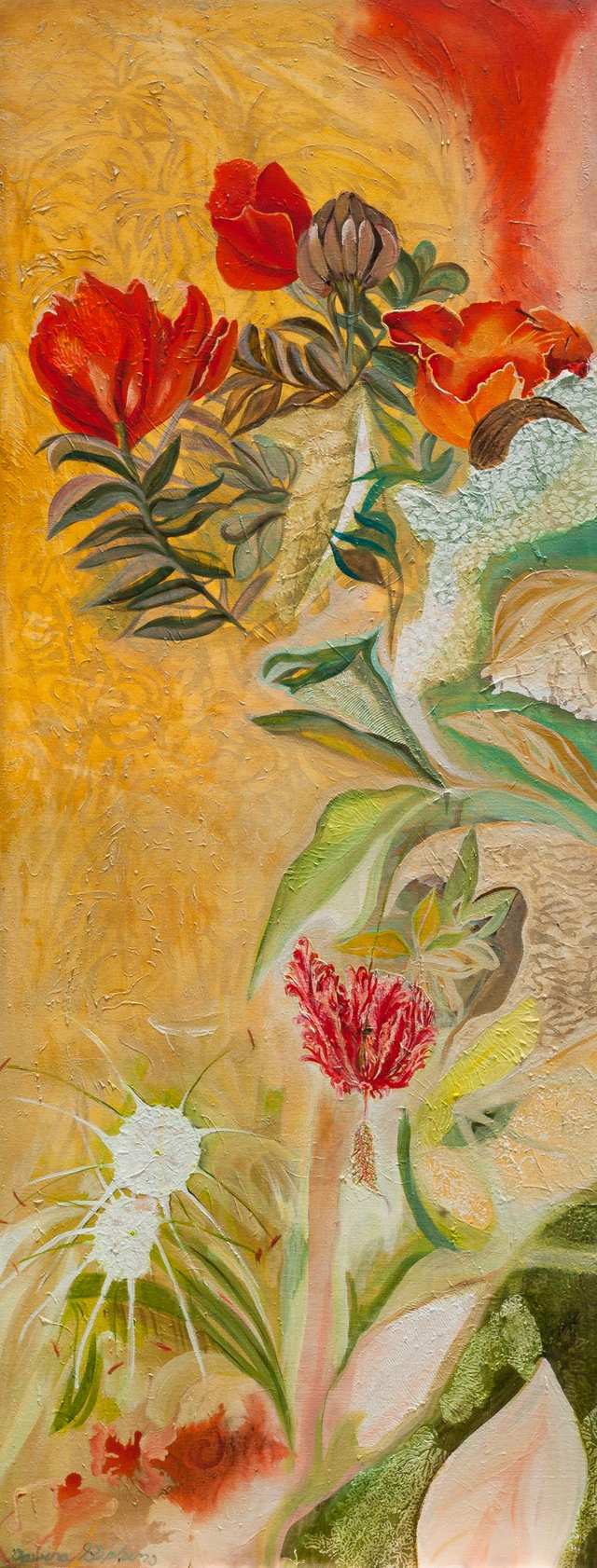Nandi Flame, Beach Spider Lily And Hibiscus Flowers, woodblock acrylic on canvas