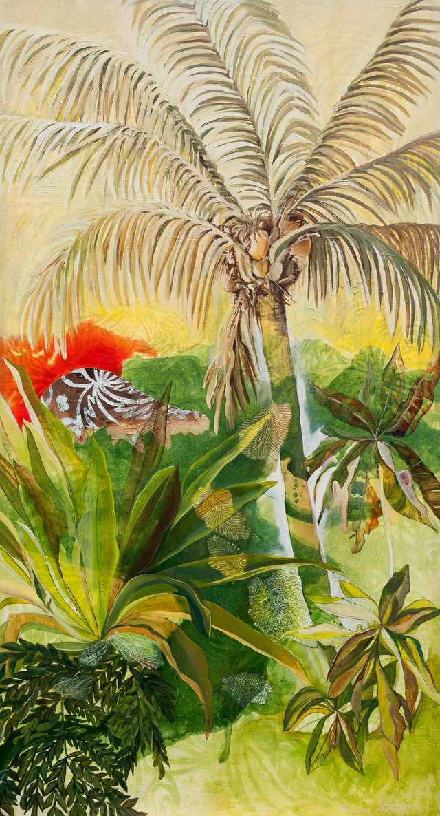 Fire Palm Jungle, woodblock acrylic on canvas
